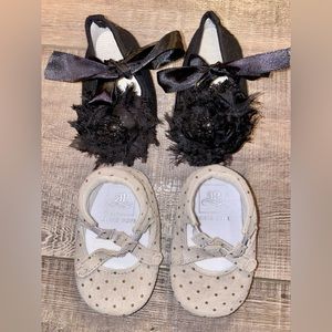 Handmade Boutique Infant Baby Girl Shoes - Black Jewels Grey Stars Newborn to 3M